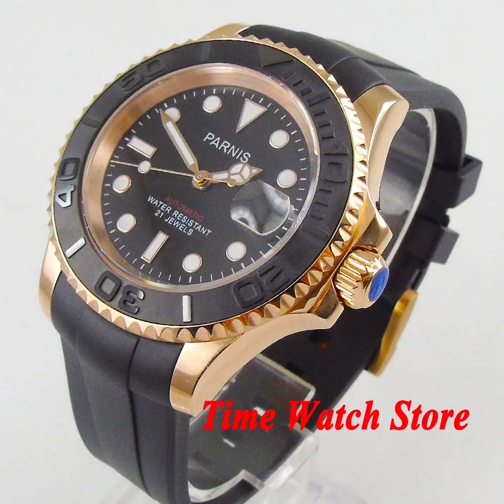 

Parnis 41mm Miyota 8215 5ATM Atomatic wrist watch men Sapphire glass waterproof gold case date magnifier rubber strap
