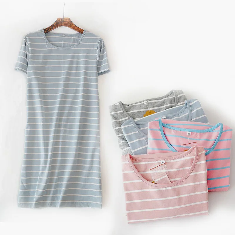 Летние ночные рубашки милые трикотажные хлопковые полосатые пижамы с короткими