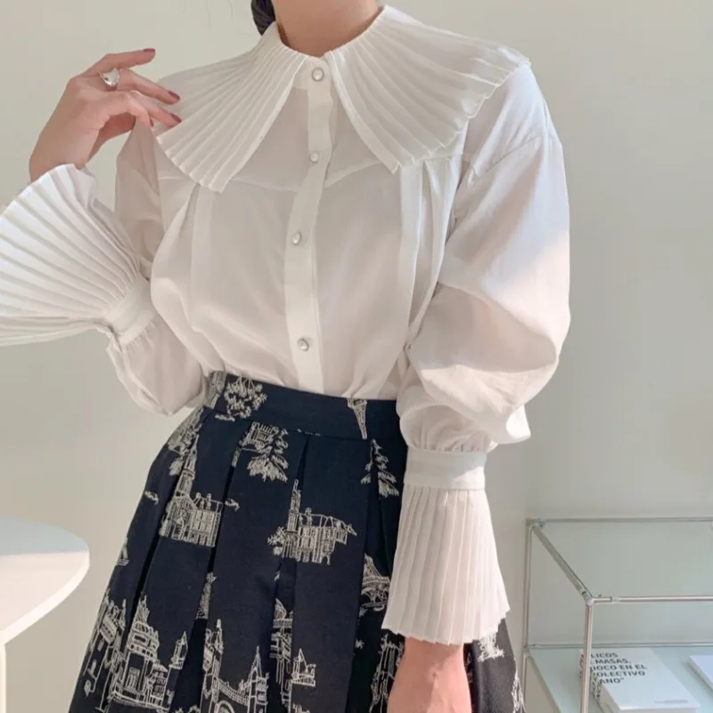 

Korean Chic White Shirts Ruffles Single Breasted Flare Sleeve Blouses Women 2022 Spring Turn Down Collar Tops Summer T099