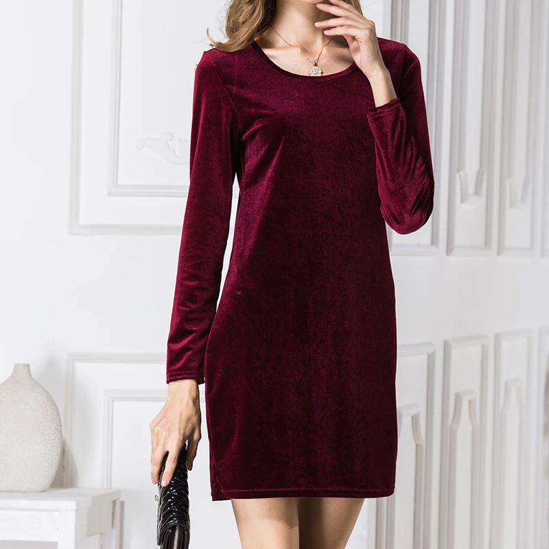 Новое платье женское бархатное однотонное мини осеннее с длинным рукавом AliExpress