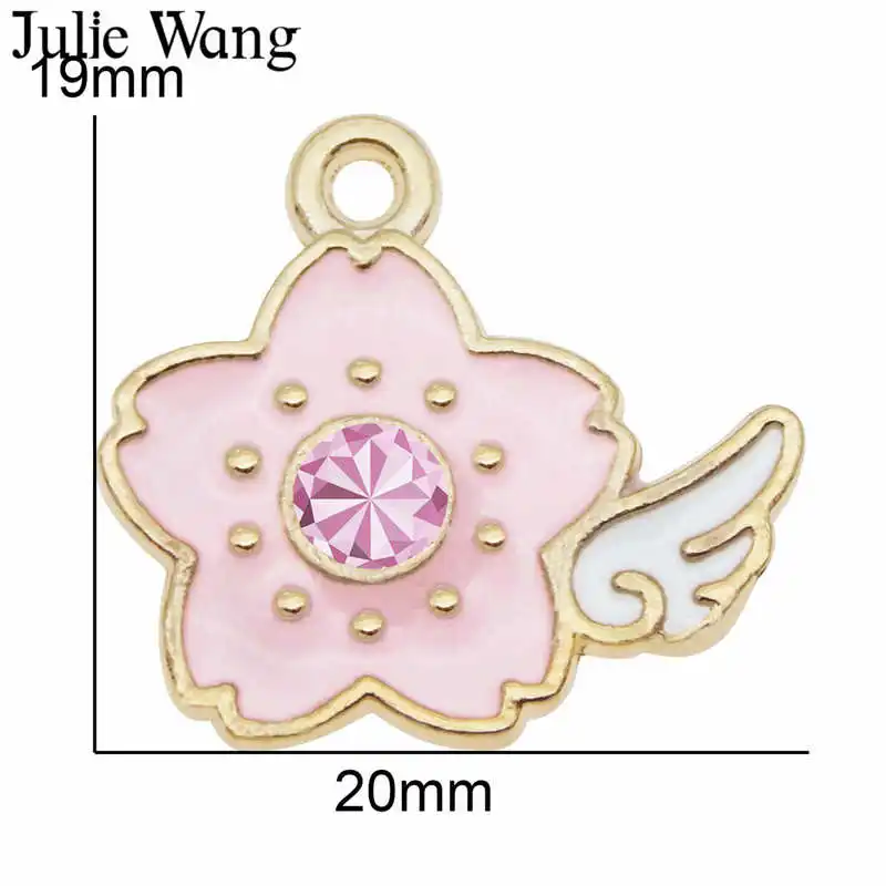Julie Wang 10 шт. эмалевые розовые цветы крыло шармы с Стразы золотое искусственное