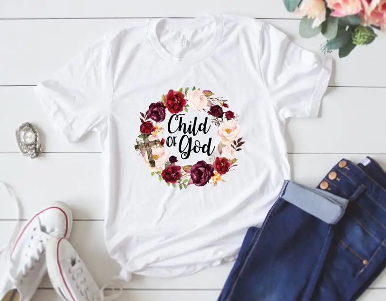 

Child of God shirt wreath Christian Color printing graphics Streetwear Female Clothes cotton fashion O NeckShort Sleeve Top Tees