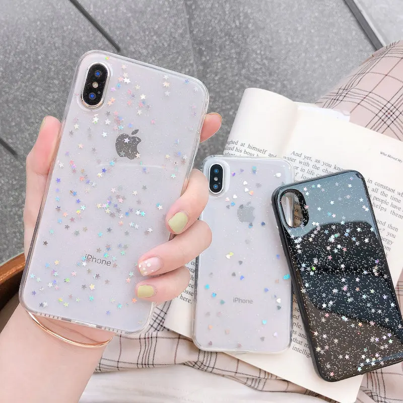 Lovebay Bling Star Glitter Powder Soft Phone Case For iPhone 13 12 11 Pro Max X XR XS 8 7 6 6s  Plus SE 2020 Transparent Back