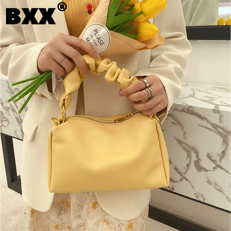 

[BXX] Simple PU Leather Pleated Crossbody Bags For Women 2021 Autumn Branded Shoulder Bag Handbags Trending Luxury Bag HS930
