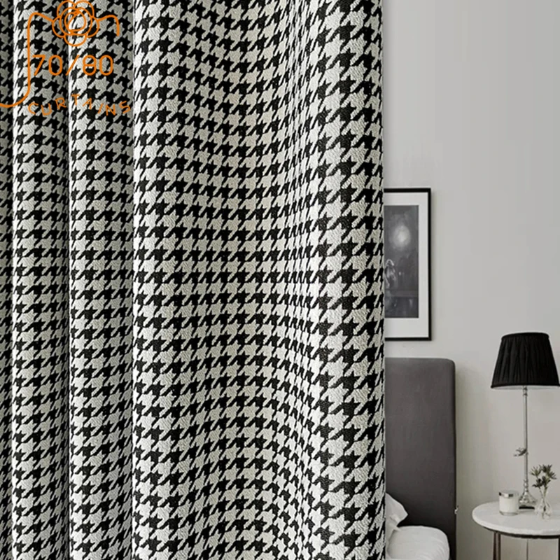 Light Luxury Black and White Plaid Double-sided Chenille Thickened Blackout Curtains for Living Room Bedroom Customization