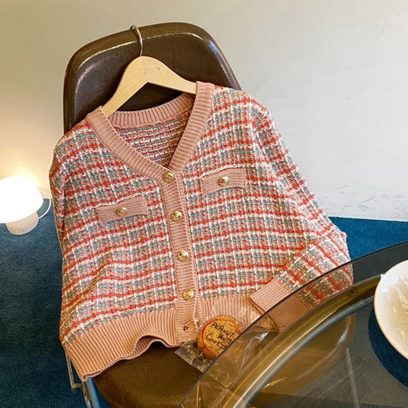 Женский однобортный джемпер в клетку Красный винтажный кардиган свободного