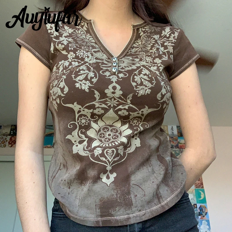 

Auyiufar Vintage Fairy Grunge V Neck Tees Goblincore Printing Button Y2k Causal Short Sleeve Top Women Slim Ribbed Basic Tshirts