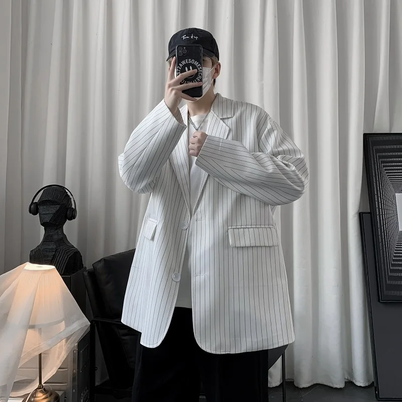 

Blazer Men New Male Striped Suit Jacket Masculino 2021 Spring Casual Loose Mens Fashion Blazer Hip Hop Streetwear 5Colors 2XL-M