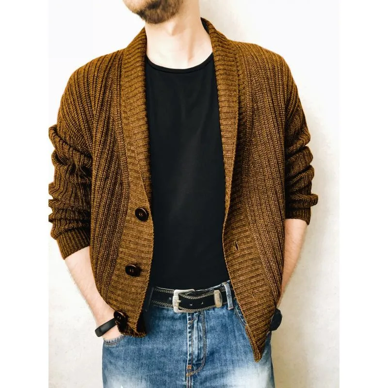 

S-3XL Mens Cable Knit Cardigan Chunky Knitted Jacket V Neck Shawl Collar Single Buttoned Knitwear Overcoat Outerwear Men Clothes