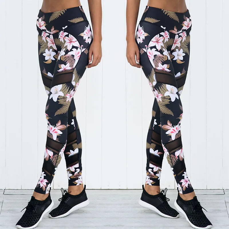 

Leggings Plants Printed Stitching Mesh Long Pants 2020 New Fitness Sports Leggings For Women