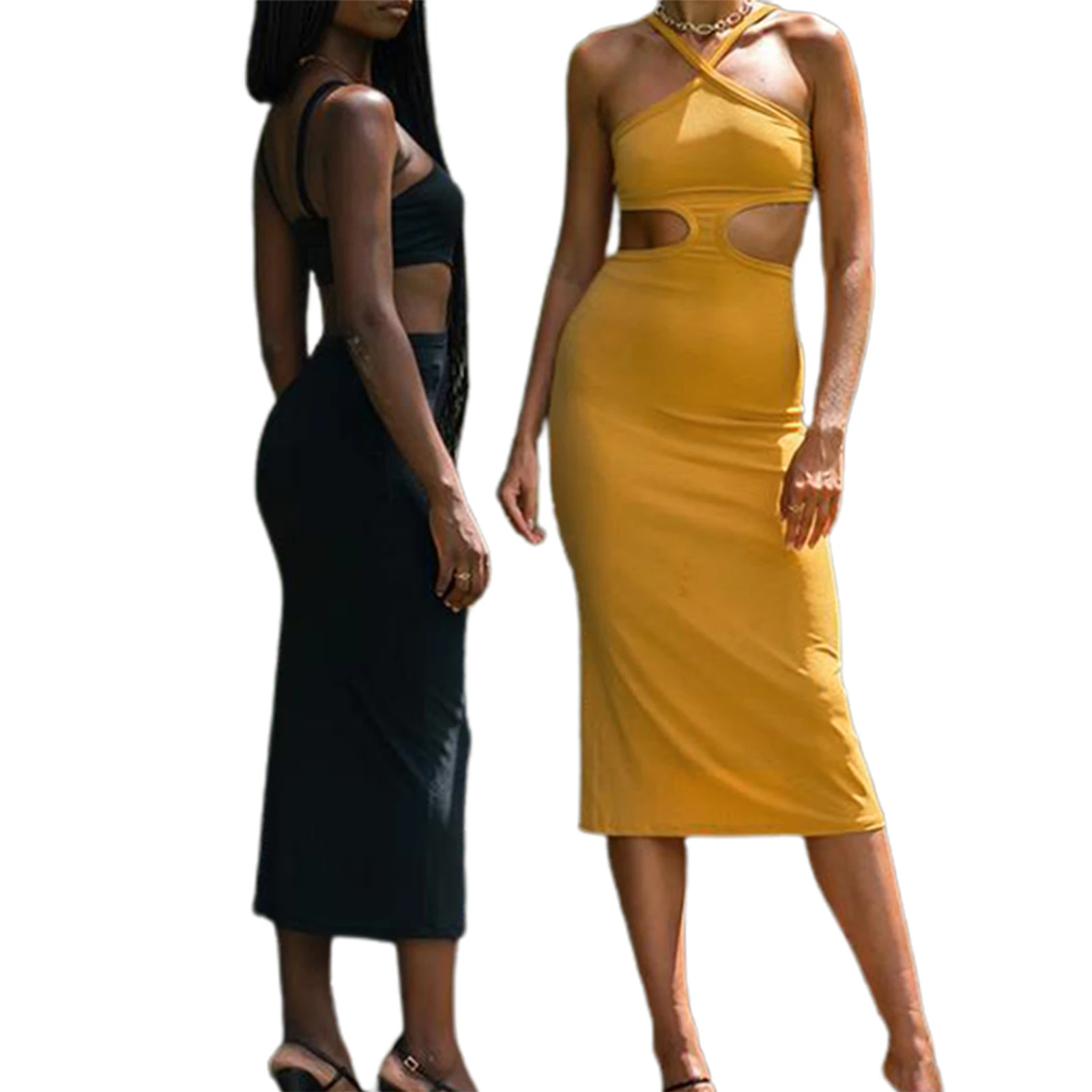 

Женское платье, однотонное, без рукавов, на бретелях-спагетти, с вырезами, для лета, желтый/черный, S/M/L