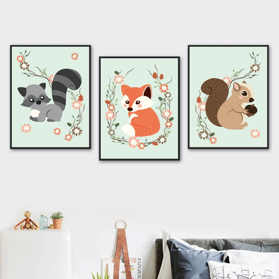 

Cute Cartoon Animal Raccoon Fox Squirrel Flower Wall Art Canvas Painting Nordic Posters And Prints Wall Pictures Kids Room Decor