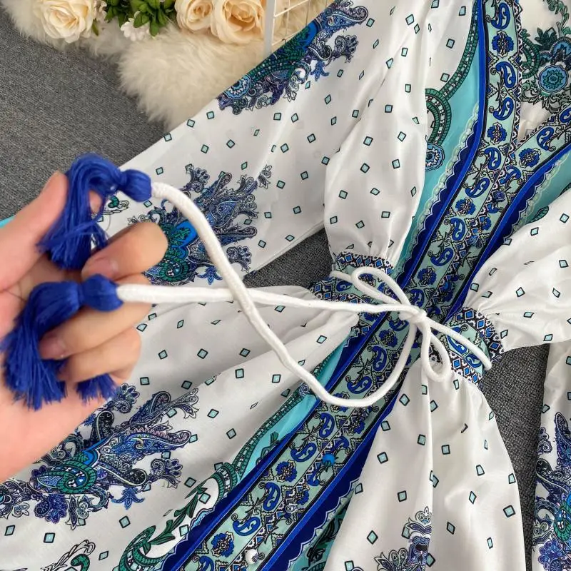 

Croysier Dresses For Women 2021 Elegant Runway Fashion Paisley Print Vintage Dress With Belt Spring Autumn Long Sleeve Dress