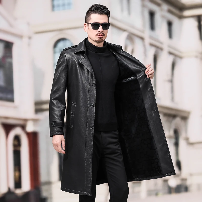 Новая мода осень зима мужская кожаная куртка плюс размер 3XL 4XL длинные черные коричневые мужские пальто кожаные байкерские куртки