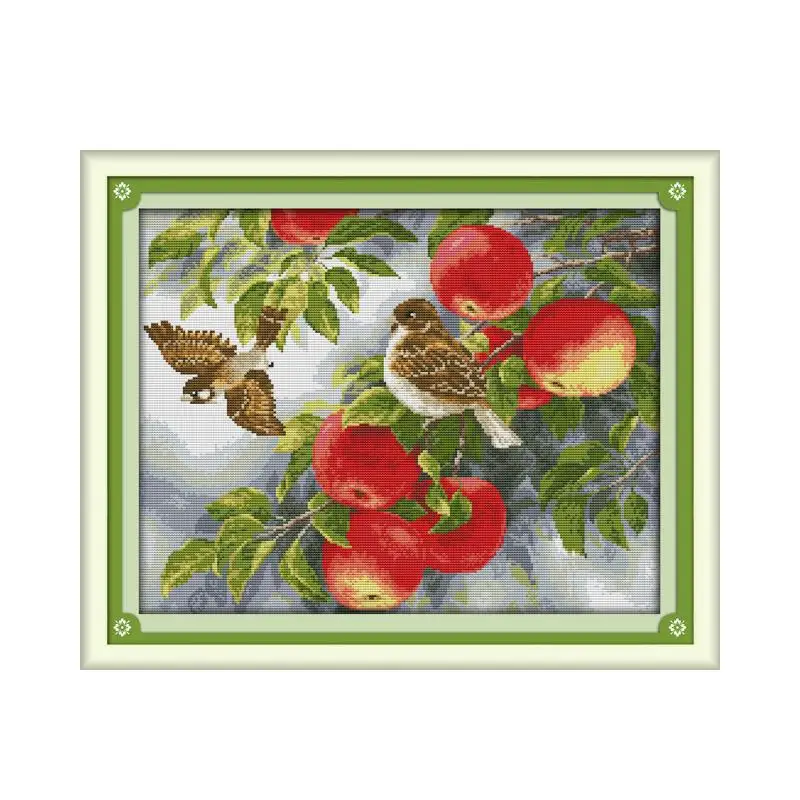 

Birds and apples stitch kit aida 14ct 11ct count printed canvas stitches embroidery DIY handmade needlework
