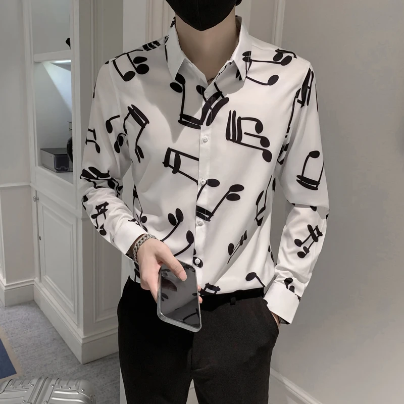 2021 New Men's Note Printed Shirts Autumn Long-sleeved Slim Musical Casual Shirt Fashion Streetwear Social Party Male Clothing