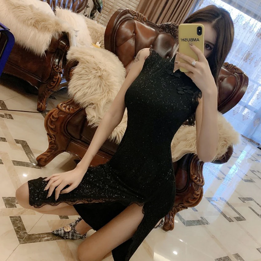 Женское платье Ципао в готическом стиле облегающее кружевное с блестками и