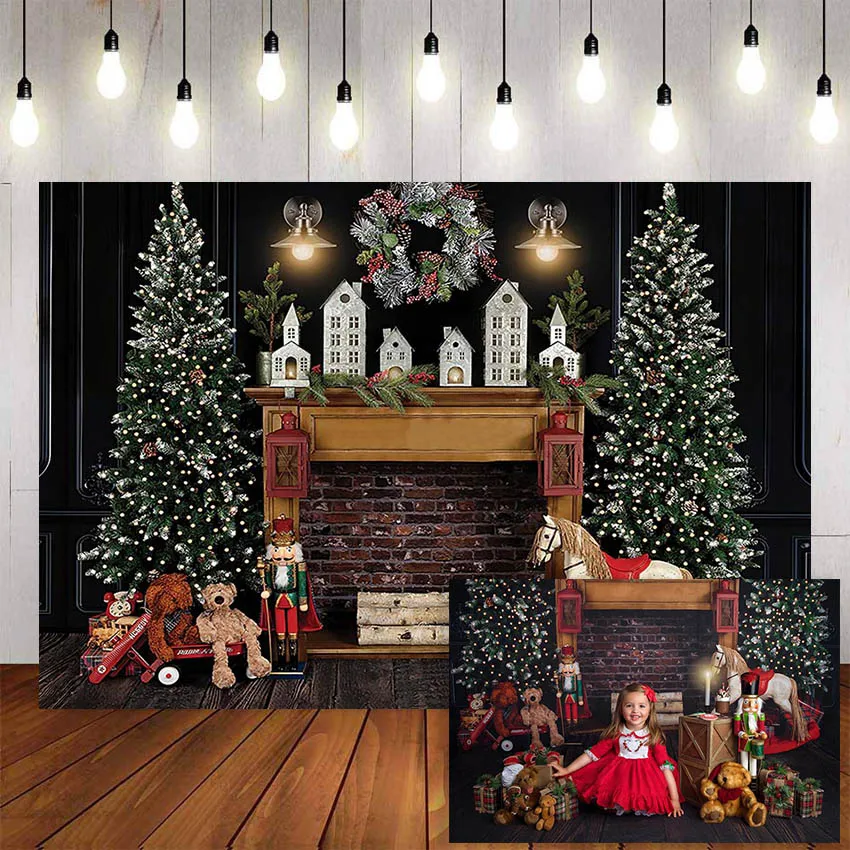 

Mehofond Merry Christmas Photography Background Christmas Tree Fireplace Toy Bear Wreath Kids Portrait Backdrop Photo Studio