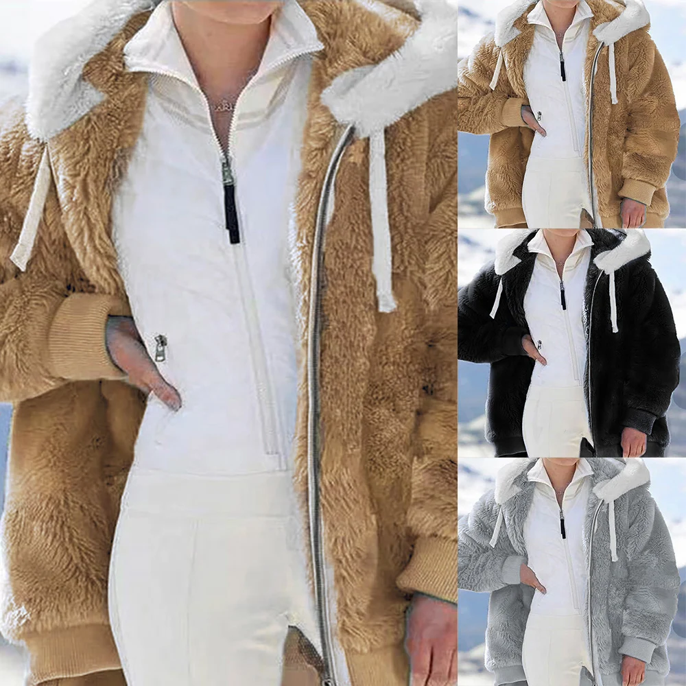 

2021 Women Furry Fur Jacket Winter Warm Fluffy Fur Coats Jackets Fashion Turn Down Collar Zipper Overcoat Teddy Coat
