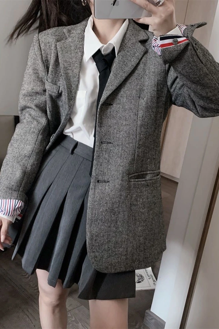 

2021 TB fashion brand wool suit women slim fit turn down collar Herringbone woolen jacket buttons stylish blazers coat