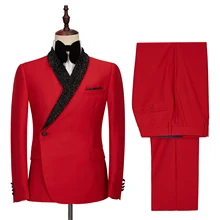 Ternos masculinos vermelho design de moda de um botão terno masculino com calças brilhante lapela cavalheiro festa formal para casamento noivo smoking (4)