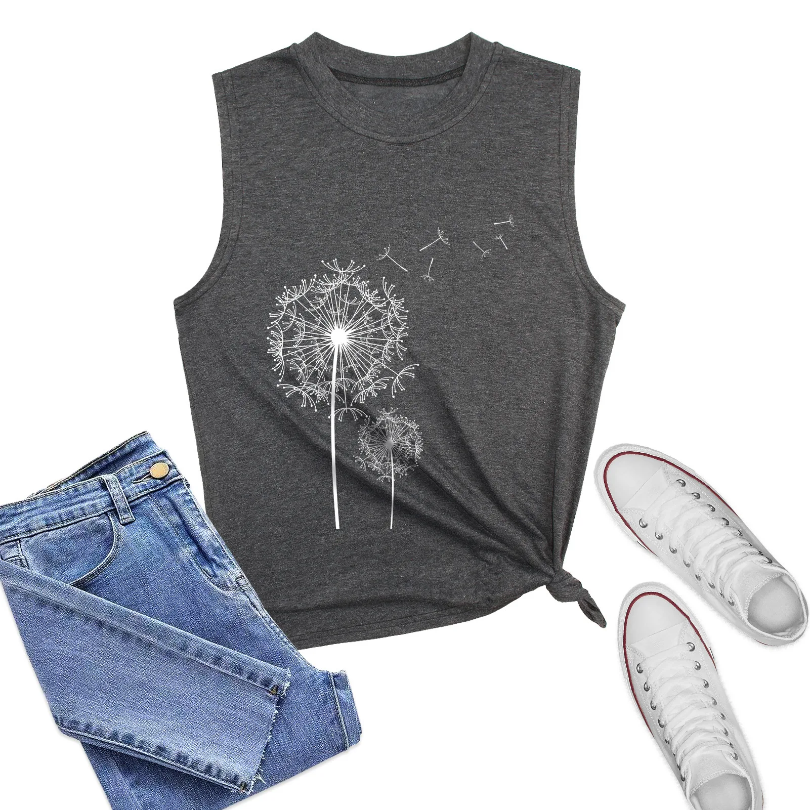 

Summer Heat Transfer and Breathable Round Neck Women's Loose Mid-length Vest European and American Fashion Sleeveless Top