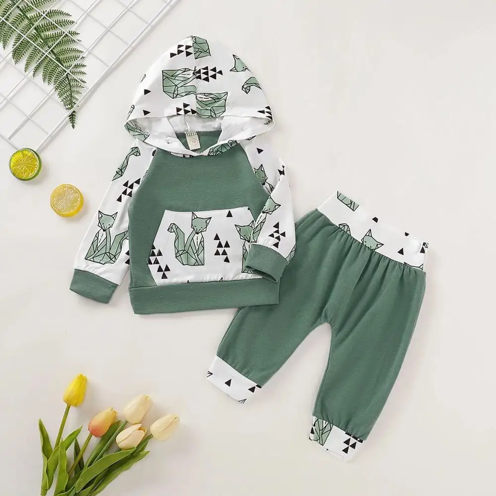 Autumn Winter Long Sleeve Hooded Tops Fox print Boys Girl Clothing Cotton 2PCS Outfits Infant Kids Baby Boy Girl Clothes ST19106