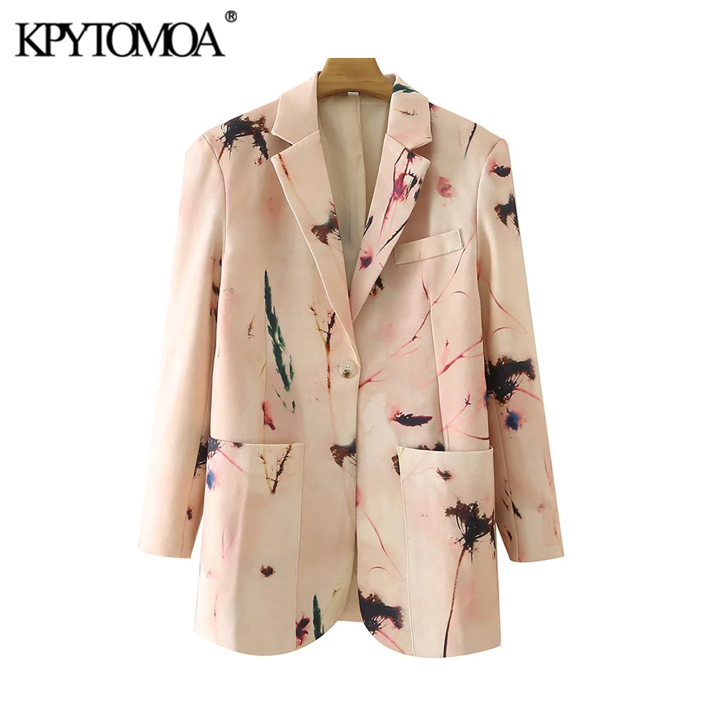 

KPYTOMOA Women Fashion Single Button Printed Blazer Coat Vintage Long Sleeve Pockets Female Outerwear Chic Veste