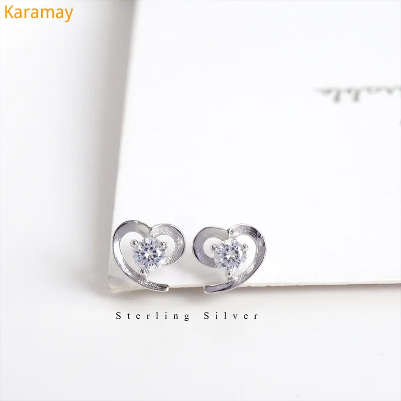 

S925 sterling silver set with diamond love earrings chic Korean personality minimalist women anti allergy heart shaped earrings