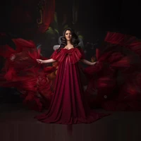 dark red tulle bridal maternity robes for photo shoot sweetheart a line long cap sleeves plus size tulle pregnancy dressing gown