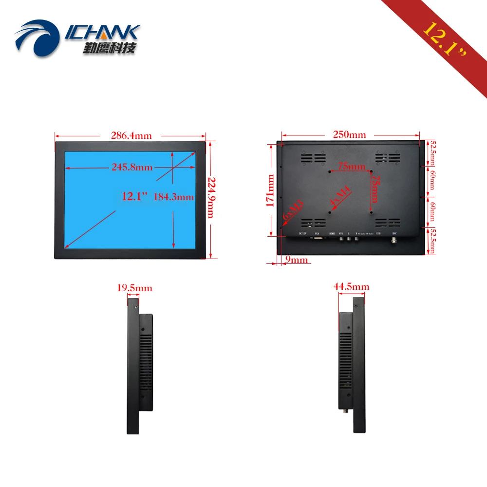 ZB120TN-V592/1" дюймовый 1024x768 пульт дистанционного управления AV BNC HDMI анти-помехи настенный промышленный ПК монитор ЖК-экран дисплей