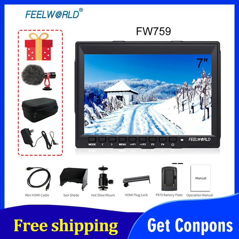 Feelworld FW759 7 дюймов IPS 1280x800 Камера полевая DSLR видео монитор для BMPCC Canon Sony с усилением