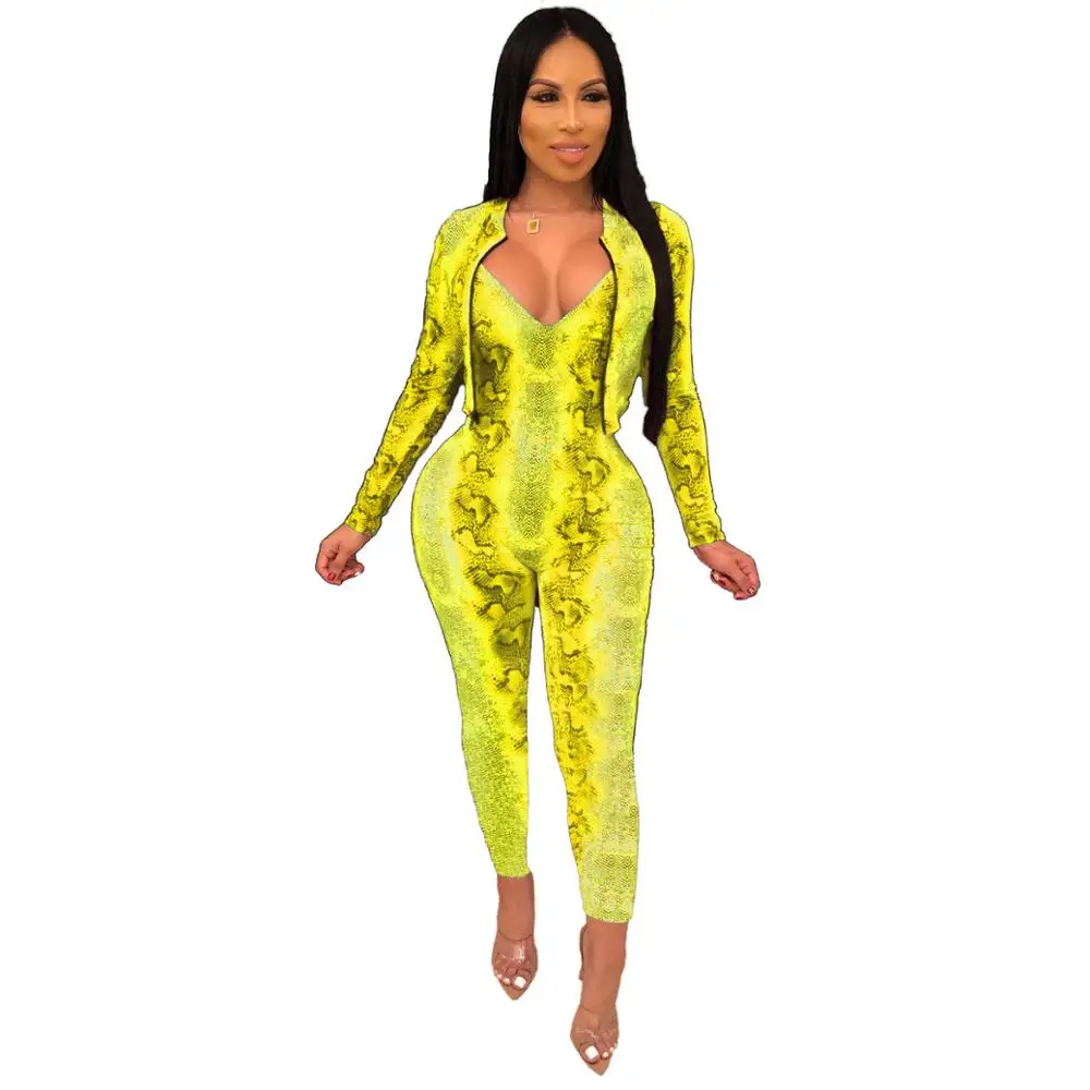 

Sexy Snake Skin Print V Neck Jumpsuit And Short Coat Women Set