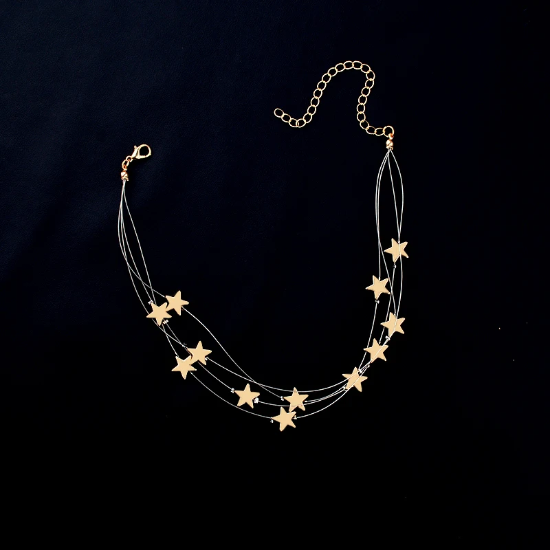 

Multiple Layers Copper Stars Pendant Choker Necklace Jewelry Fashion Adjustable Neck Collar for Women Statement Necklace