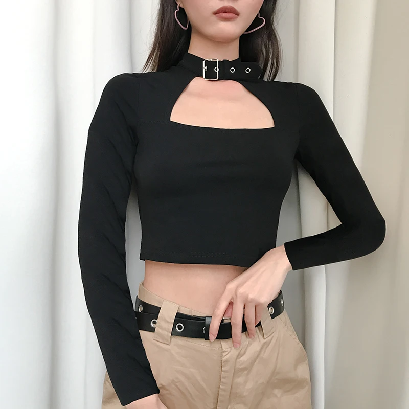 

Rockmore Buckle Halterneck Sexy Womens T Shirt Harajuku Long Sleeve Crop Top Streetwear Basic Tshirt Women Tight Tees Shirts