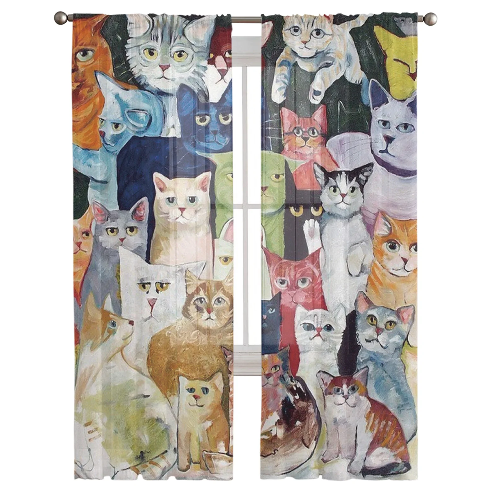 cortina transparente colorida grupo de gatos para sala de cortina moderna voile para cortinas de decoração de janela