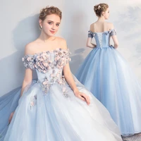 women elegant off the shoulder party dress sweet appliques prom dress floor length ball gown candy color plus size