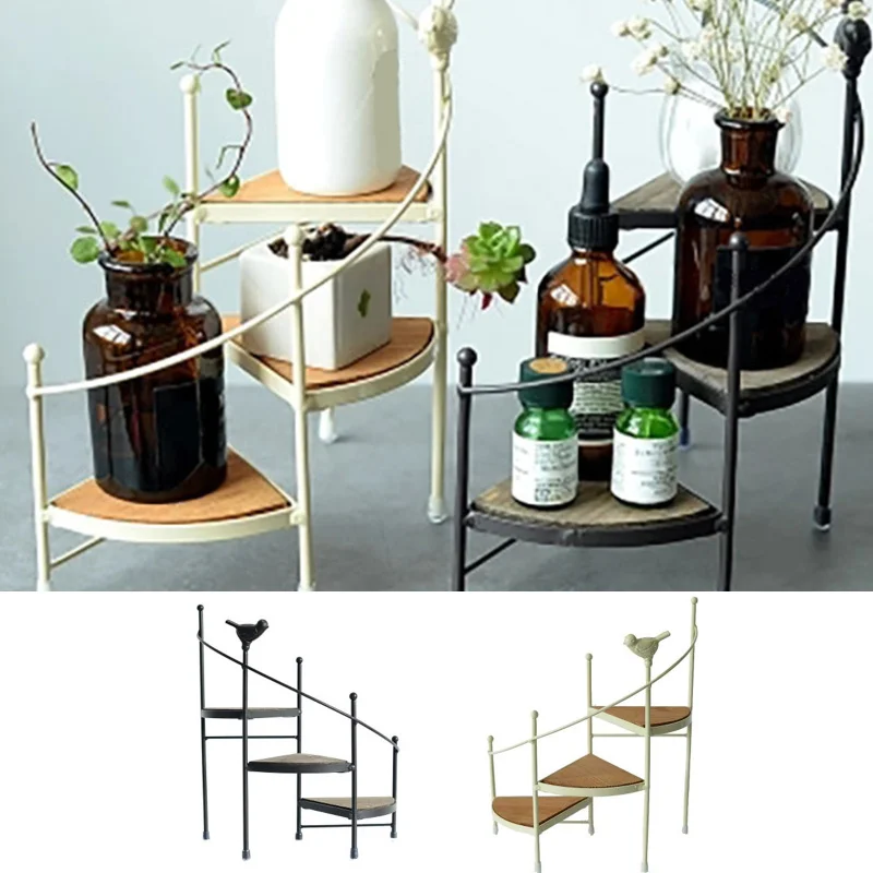 

2021 Modern Decorative Iron Plant Rack Stand Plants Succulent Shelf 3layer Stair Shape Desktop Garden Flower Stand Wood Plate