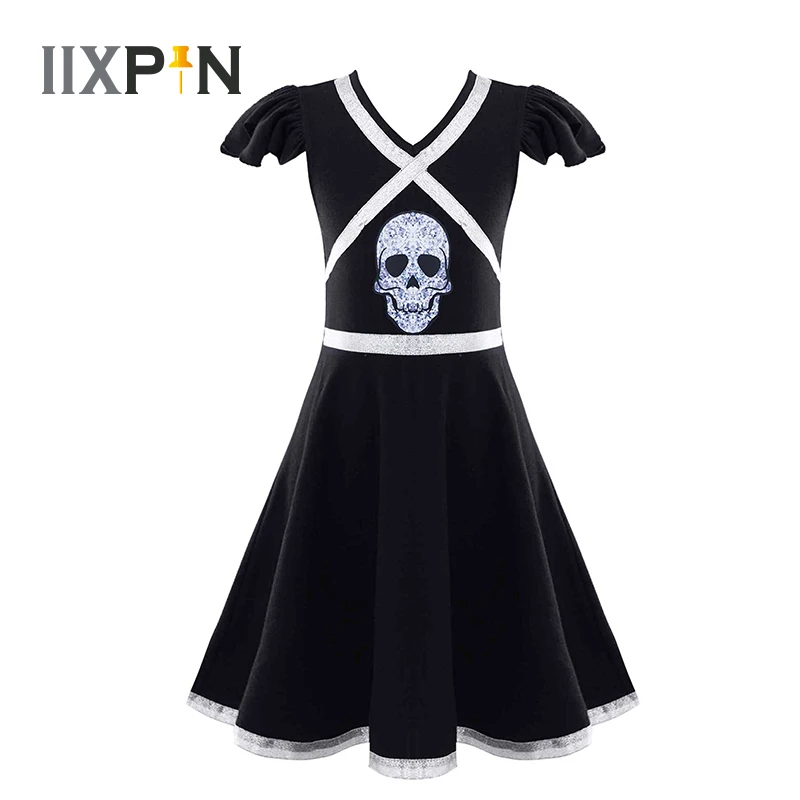 

Kids Girls Halloween Dress Black Flutter Sleeve Skull Print Cheerleading Dance Dress Carnival Party Cheer Outfit Dance Wear