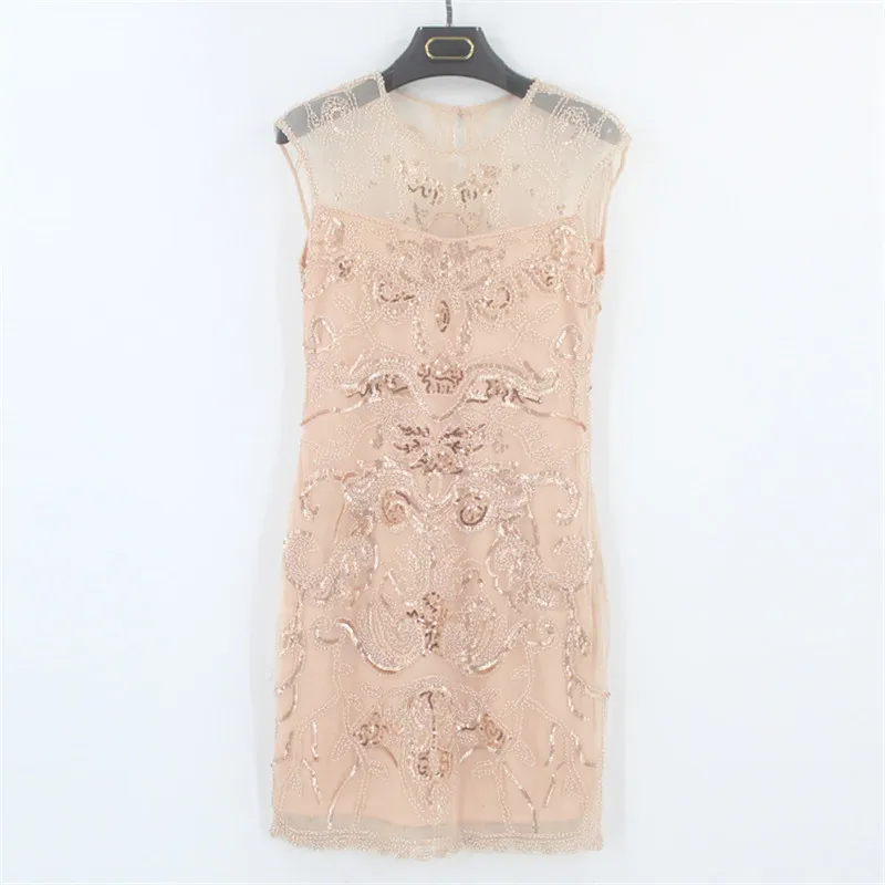 

Dress For Women 2021 Elegant New Fashion Mesh See-through Black Gray Pink Sleeveless Slim Sequin Dresses Women LR1081