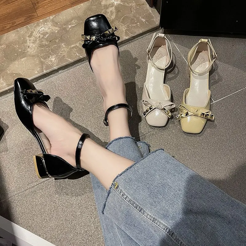 

Bow Shoes Roman Sandals Clear Heels 2021 Women's Buckle Strap Suit Female Beige Med Gladiator New Retro Summer Closed Low Black