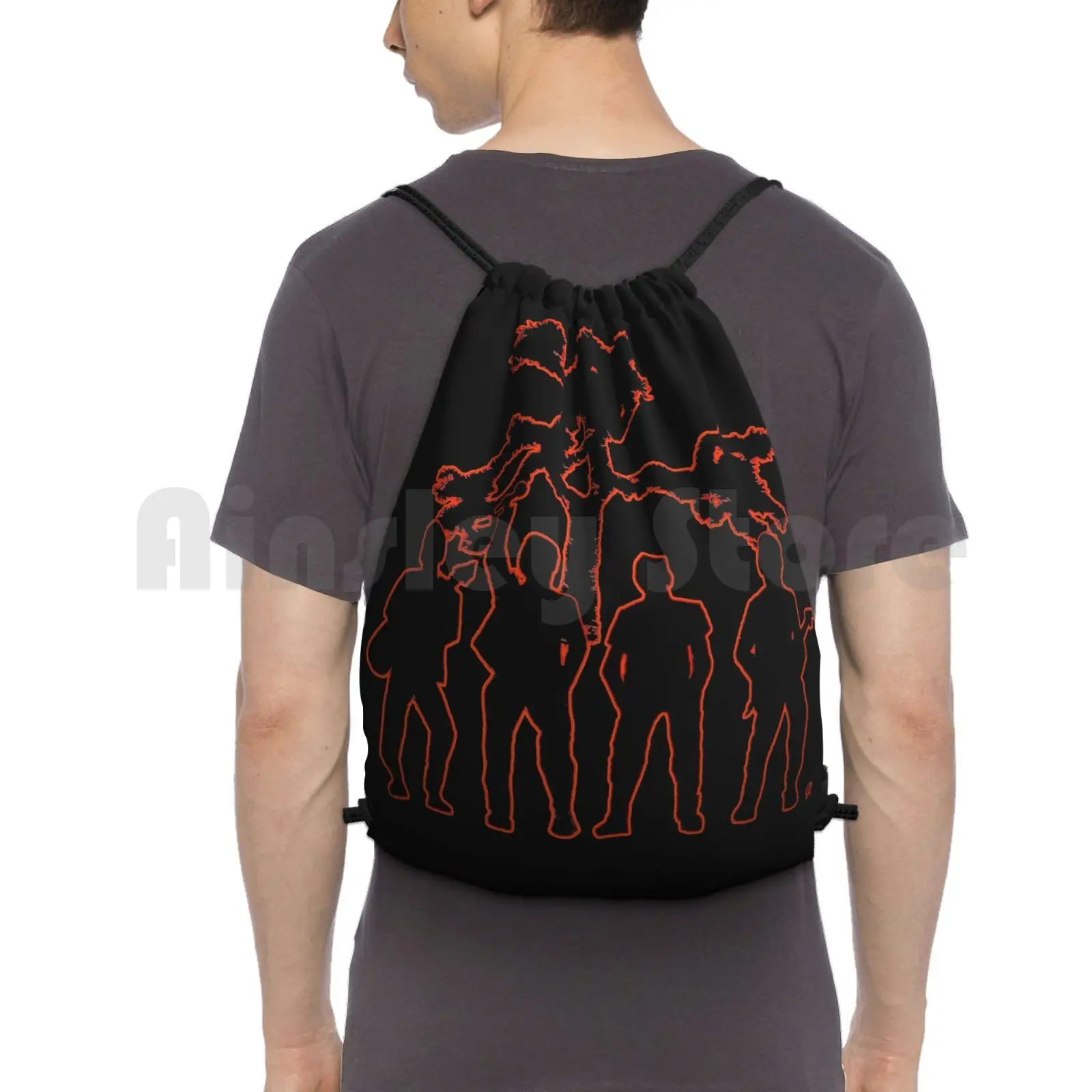 Irish Rock Stars In Red Outline Glow Backpack Drawstring Bag Riding Climbing Gym Bag  Joshua Tree Album Black Red Silhouette