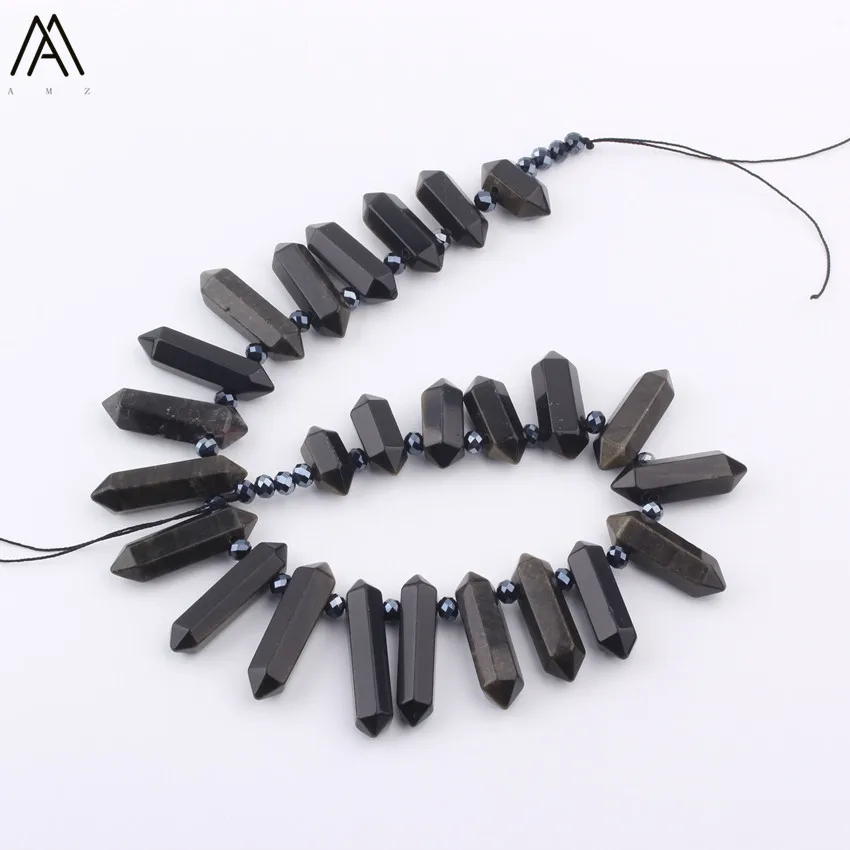 

Top Drilled Natural Black Obsidian Stone Hexagonal Loose Beads Findings,Cut Double Point Stone Beads For Pendant Nekclace Making