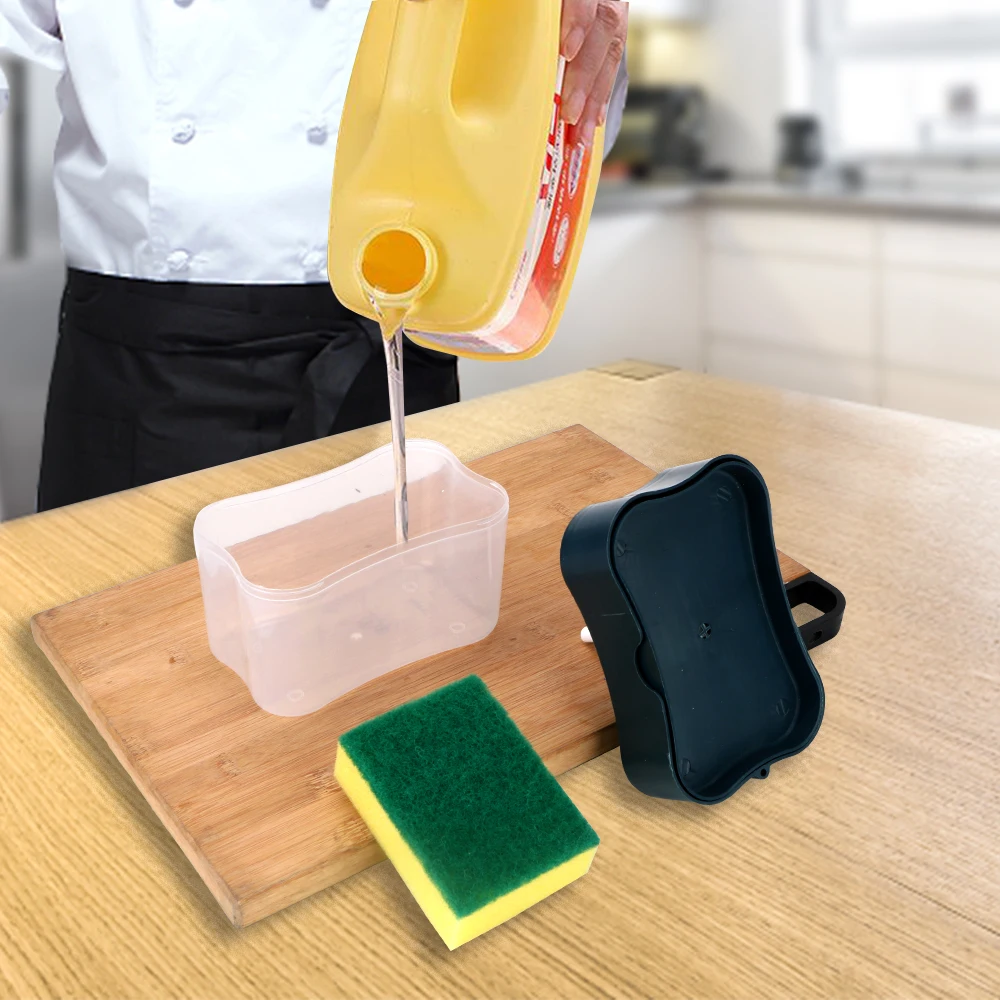 

385ml Soap Organizer Soap Pump With Sponge Holder Kitchen Tool Manual Press Cleaning Liquid Dispenser Container