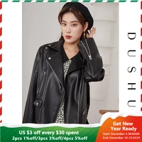 dushu casual streetwear zipper black leather jacket women long sleeve vintage spring jacket coat female biker jacket plus size