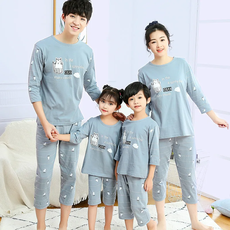 Ropa a juego para la familia, conjuntos de pijamas de algod&oacute;n de manga corta para madre, padre e hija, e hijo-2