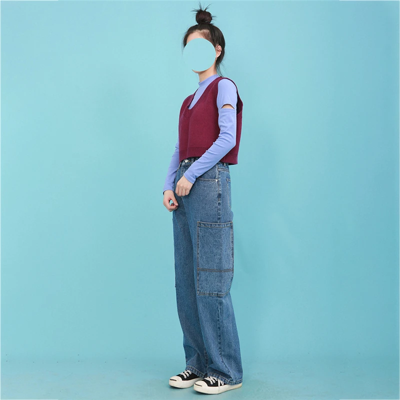 

Women Jeans Loose High Waist Blue Pockert Pants Spring Fashion Female Vintage Denim Straight Trousers Casual Full Length Pants