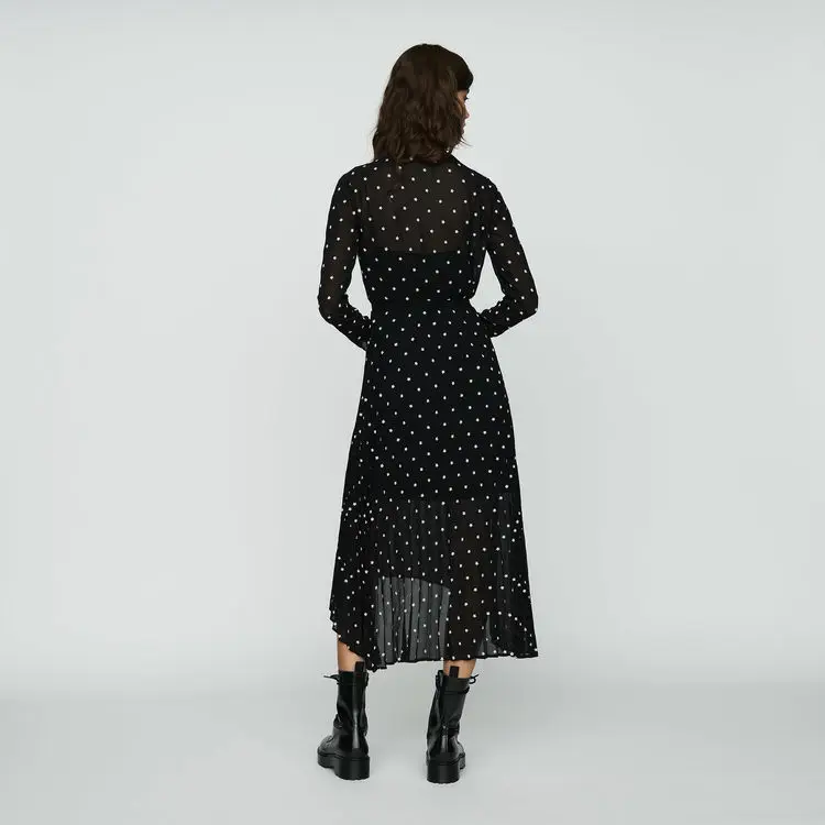 Женское асимметричное платье в черный горошек CAMIA шифоновое с длинным рукавом и