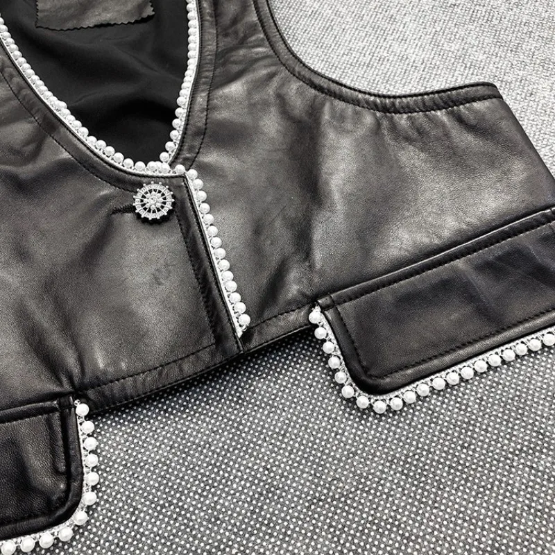 

New Women 2021 Deep V Neck Short Vest Tops Sleeveless Sheepskin Genuine Leather Vests Vintage Crystal Button Pearls Waistcoat