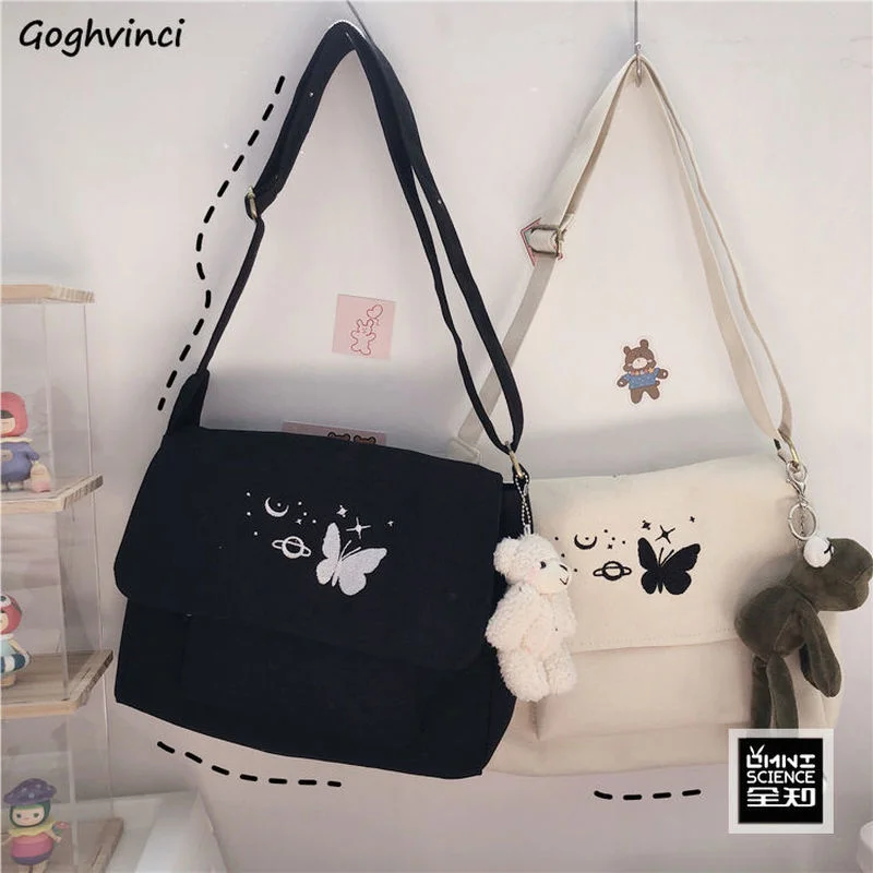 

Сумка-мессенджер Женская холщовая, с вышивкой бабочек, в стиле Харадзюку